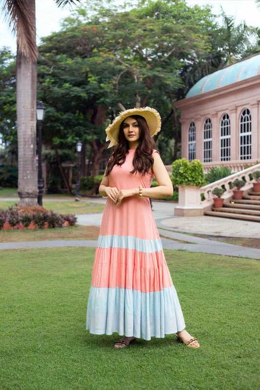 MAXI TIERED COLOR BLOCK DRESS