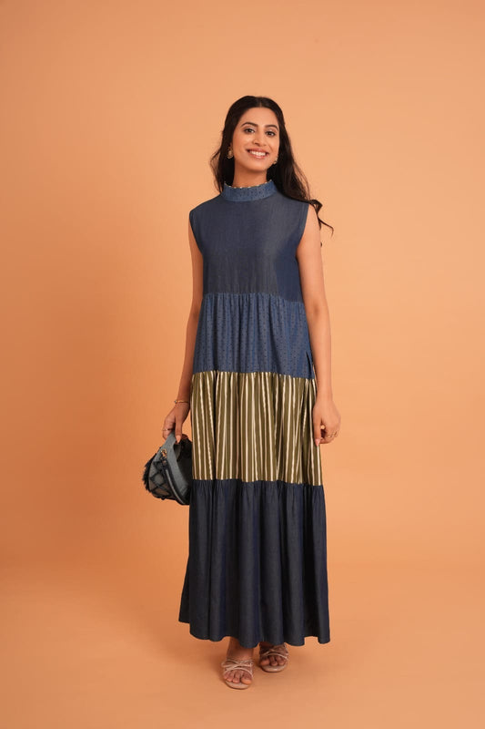 The Denim Dot and Stripe Tier Dress