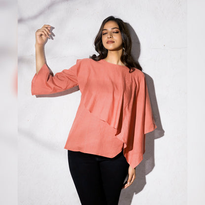 LAYERED SHAWL TOP - This top features a layer of fabric draped over the body in a shawl-like manner. The layer adds volume and dimension to the garment. The shawl-like draping creates a unique and elegant silhouette, making it a popular choice for formal occasions or as a statement piece.