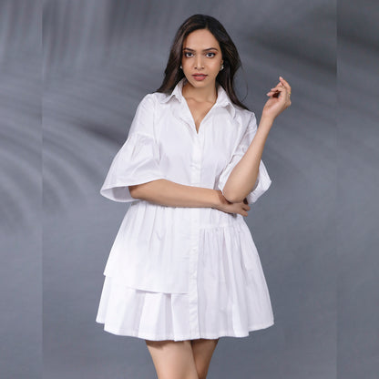 MINI CASCADING FRILL DRESS - Introducing the perfect shirt dress that will take you from day to night with ease. Our dress features different levels of frills, making it both fun and sophisticated for both casual and work wear. 